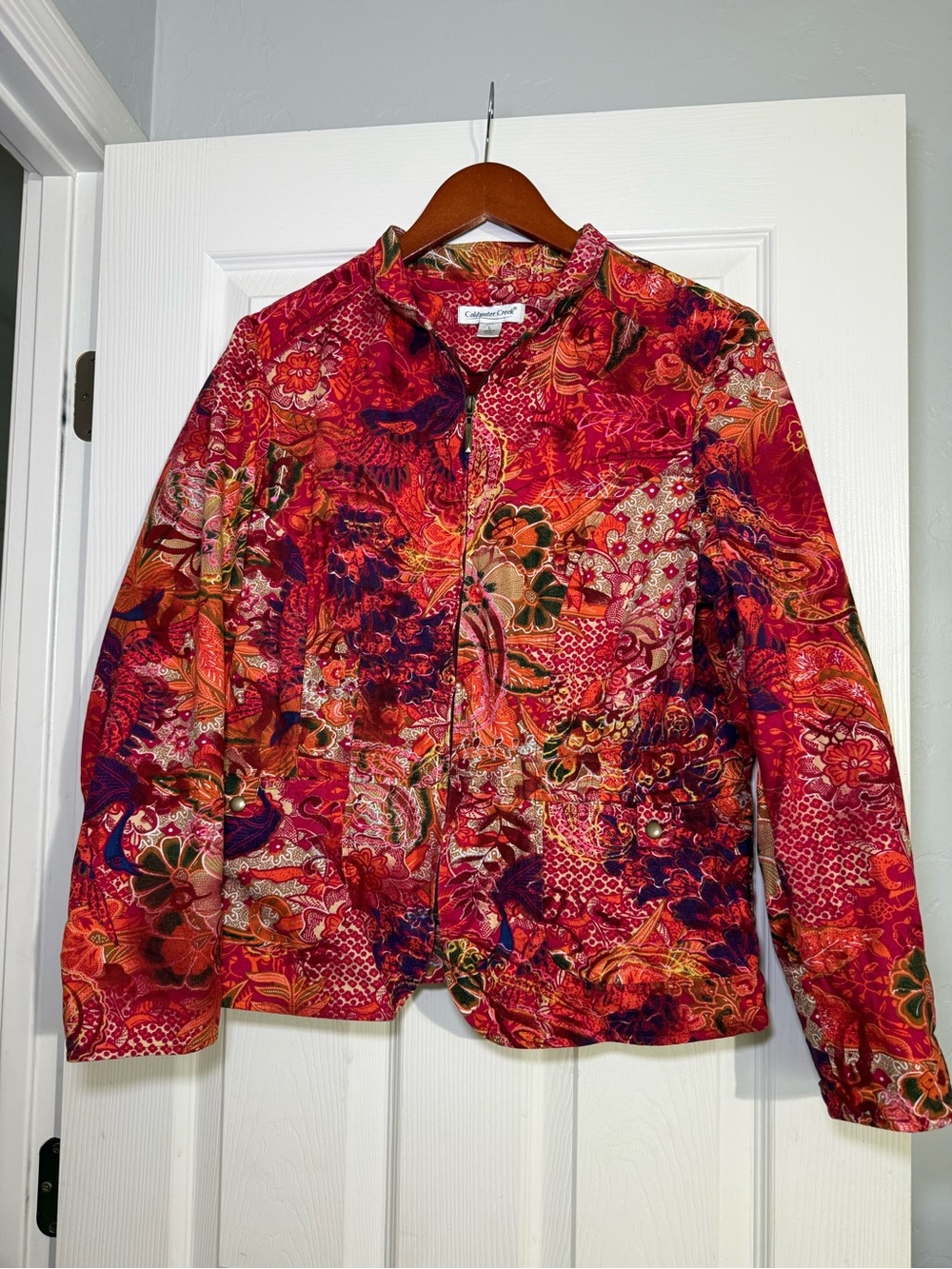 Coldwater creek red paisley multicolor women’s size large blazer 100% cotton